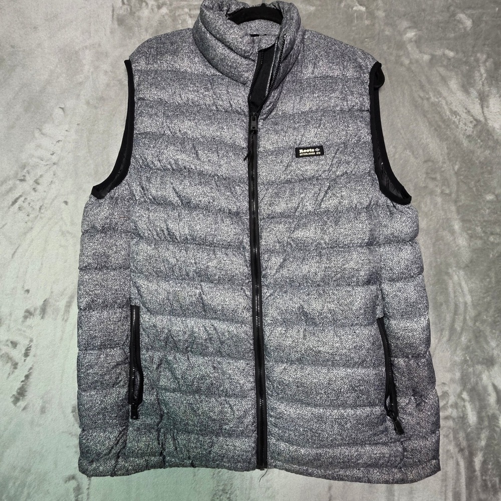 Roots Mens Packable Down Puffer Vest Grey Salt and Pepper Marled Size Medium